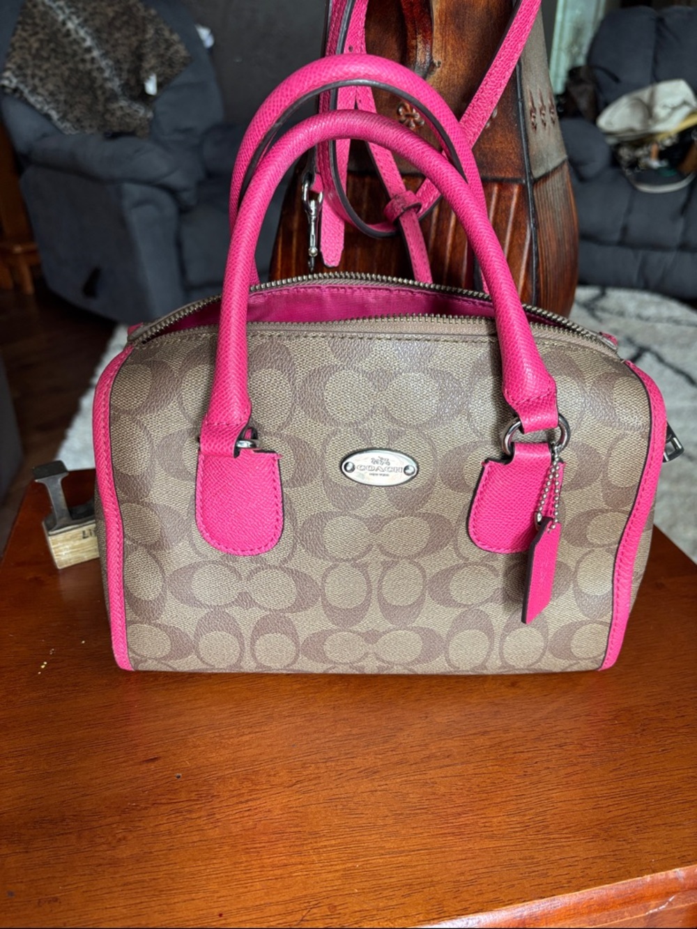 Coach Signature Mini Bennett Satchel / Mini Rowan style in Khaki  bright pink